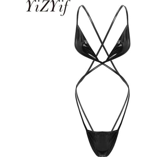 Womens Erotic Lingerie Bodysuit Mini Micro Bikini One-piece Swimsuit Shiny Metallic Monokini Spaghetti Straps Trikini Nightwear