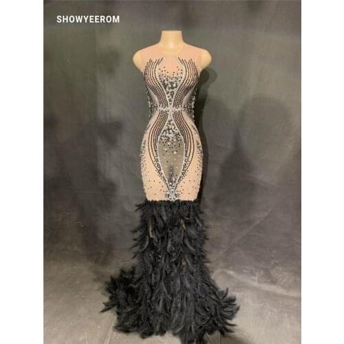 Women Sexy See Through Mesh Rhinestones Dress Evening Party Birthday Celebrate Feather Dress Singer Costume Long Net Yarn Dress