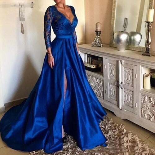 Royal Blue Deep V-Neck Lace Long Prom Dresses High Side Split Long Sleeves Evening Gowns Plus Size Sweep Train