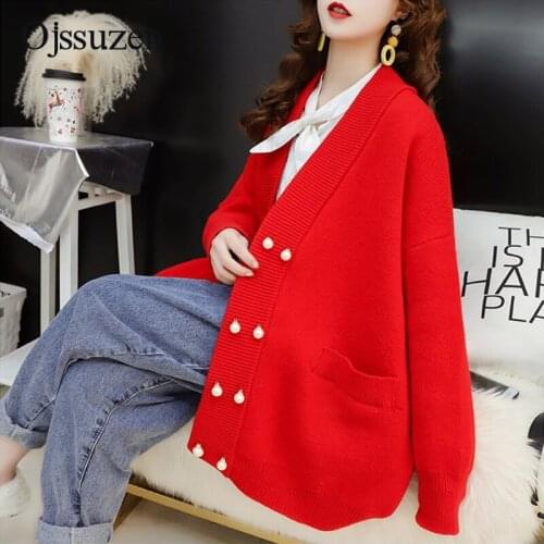 Ladies Winter Coat Sweater Cardigan Women Oversize Outerwear Pearl Double Breasted V Neck Knitted Cardigan Female Jacket Red