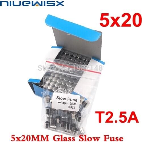20pcs/lot 5*20mm 2.5A 250V slow fuse 5*20 T2.5A 250V Glass Fuse 5mm*20mm New and original free shipping