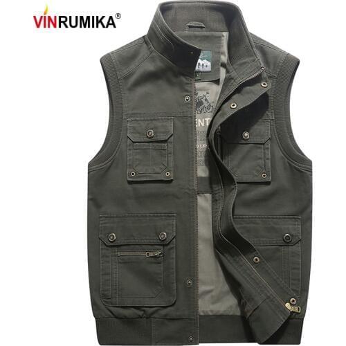 2020 Super Large Size M-8XL Men Spring 100% Cotton Army Green Vest Jacket Man Autumn Khaki Waistcoat Military Casual Vests Coats
