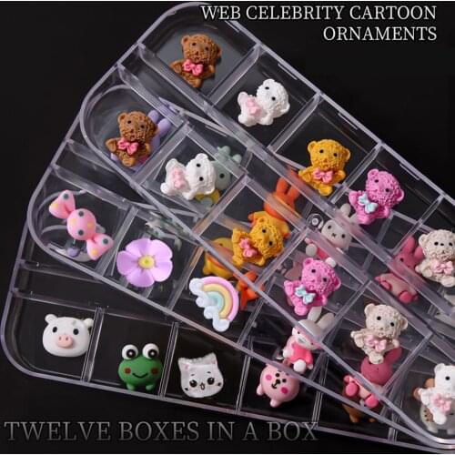12Girds/Box 3D Cartoon Cute Nail Art Decoration Animal/Fruit/Ice Cream/Girl Mix Shape Kawaii Resin Charms Manicure Accessories