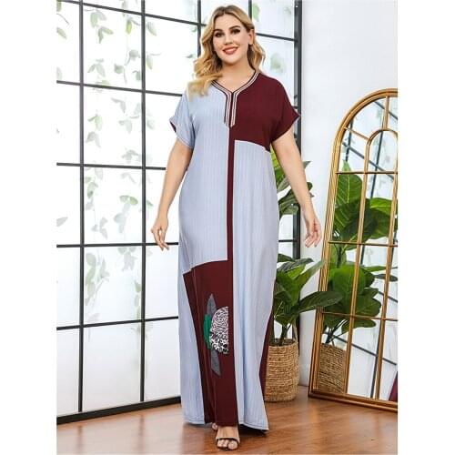 3XL Summer Kaftan Women Loose Long Maxi Dress Short Sleeve Gown Moroccan Dubai Abaya Turkish Caftan Muslim Robe Islamic Clothing