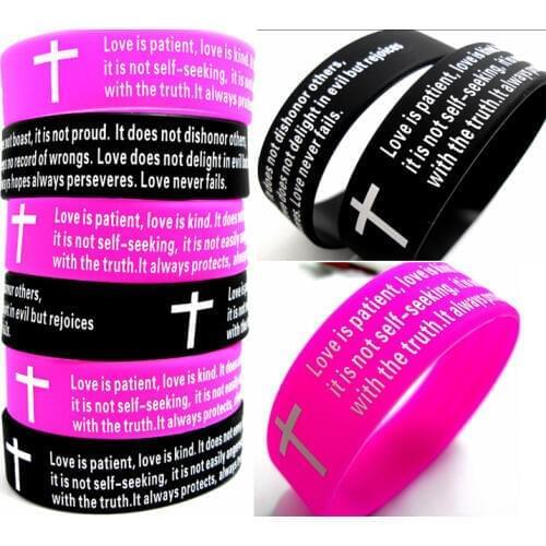 Bulk lots 100pcs LOVE prayer bible Silicone bracelets Men Womem Jesus Wristbands 1 Corinthians 13:4 Jesus Bangle Religious Gift