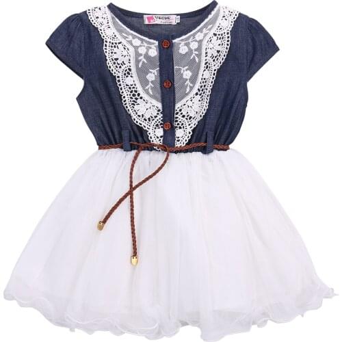 Cute Princess Girls Baby Kids Lace Belt Denim Tulle Stitching Dresses Age 1-6Y
