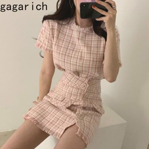 Gagarich Women Two Piece Set 2021 Office Lady Chic Summer New O-Neck Short Pullover Plaid Button Tassel Wild Skirts Elegant