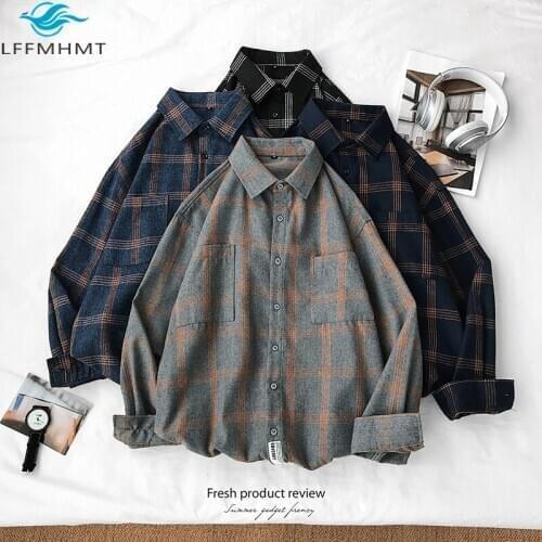 Hot Sale Autumn Winter New Style Korean Plus Size Loose Popular Men Street Fashion Lover Plaid Button Long Sleeve Casual Shirt