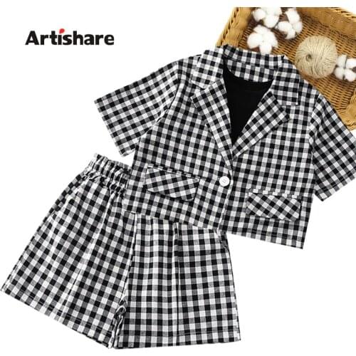 Kids Clothes Girls Plaid Pattern Girls Outfits Jacket + Tshirt + Short Girls Tracksuit Casual Style Childrens Costume
