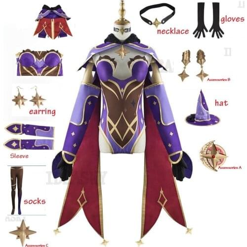 Hot Anime Game Genshin Impact Cosplay Mona Costume Girls Women Halloween Carnival Party Sexy Dress Uniform Cosplay Wig shoes