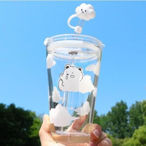 480ml Cute Bear Cloud Mug Water Bottle With Straw Lid Transparent Glass Mugs Student Girl Kids Coffee Milk Breakfast Water Cup