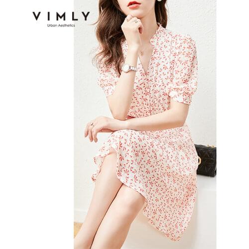 VIMLY Summer Floral Dress For Women Fashion New V Neck High Waist Beach Dress Elegant Office Lady Dresses Female Vestidos F7062