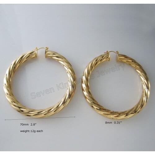 MIN ORDER ONE PIECE /BIG BAND 8MM TWIST - YELLOW GOLD /STERLING SLIVER GP OVERLAY FILL BRASS HUGE HOOP 70MM 2.76" EARRING