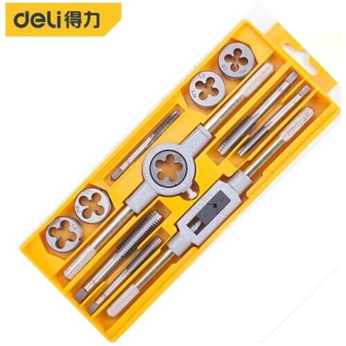 Deli 12Pcs Tap And Die Set Metric Wrench Cut Hand Threading Tool Tungsten Carbide Tap Die Screw Thread Making Tool Bit Set