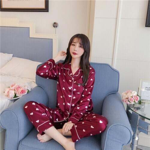 Spring Autumn New Pajamas Womens Suit Long-Sleeved 2-Piece Set Faxu Silk Turn-down Collar Leisure Women Pijamas Loungewear