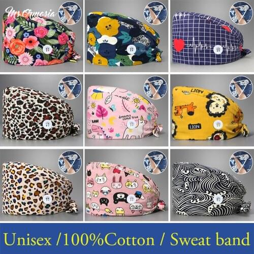 Wholesale Unisex Breathable Dental Clinic Nurse Scrub Cap Print Pet Veterinary Doctor Surgery Cap with Buttons Nurse Accessories