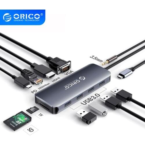 ORICO 11-in-1 TYPE-C docking station PD3.0*1 USB3.0*4TF3.0/SD3.0*1；VGA*1； HDMI*1；LAN*1；Audio*1 Audio Adapter Dock,ORICO MC-U111P