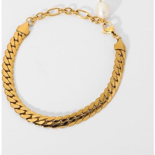 Simple Pearl Charm Bracelet Women Jewelry 18K Gold Stainless Steel Band Flat Punk Chunky Curb Cuban Chain Bracelets
