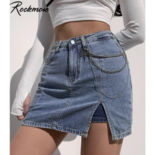 Rockmore Y2K Women Casual Denim Skirts High Waist A-LINE Skirt Zipper Mini Skirts Summer Streetwear Bottom Skinny Split Skirt