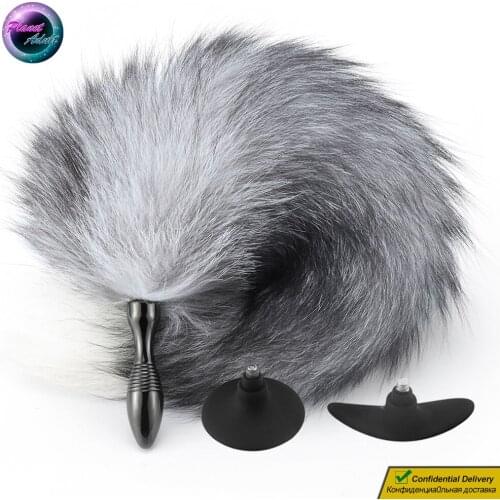 RUNYU Real Fur Anal Butt Plug Tail Masturbator Replaceable Handle Adult Sex Toys for Women Lesbian Gay BDSM Sexual Game Play