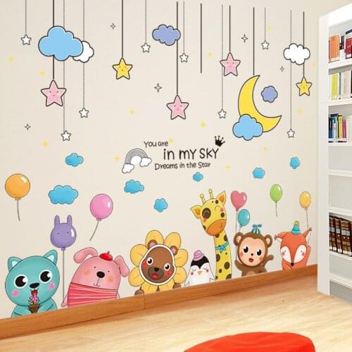 [shijuekongjian] Cartoon Animals Wall Stickers DIY Stars Clouds Hangings Wall Decals for Kids Bedroom Baby Room House Decoration