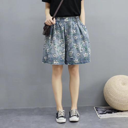 Elastic High Waist Vintage Denim Shorts Women Summer Casual Art Floral Print Cotton Femme Short Jeans Pants Hot Ladies Bottom