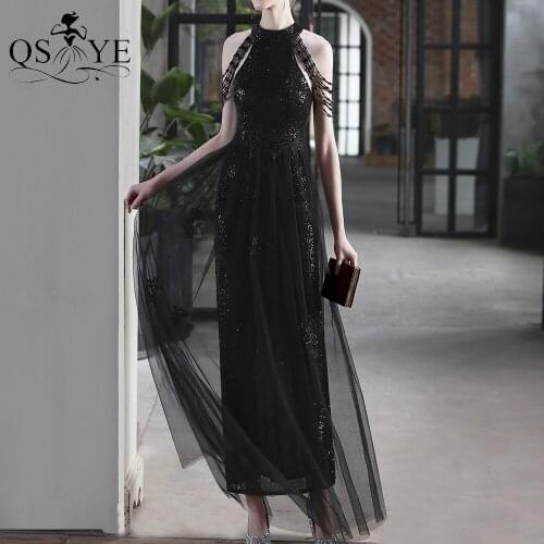 A Line Black Evening Dress Long Tulle Prom Gown Crystal Beading Straps Party Dress Sequin Halter Formal Gown Lace Black Dress