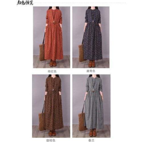 Spring Autumn Art Retro Ancient Ways Dish Buckle Small Broken Flower Recreational Dress Vintage Dress