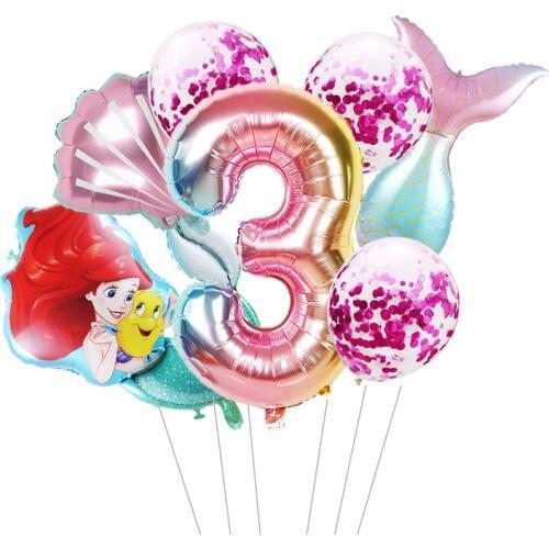 1 set mermaid Ariel cartoon balloons princess foil balloon 32Inch Number baby girl pink air baloes birthday party decor kids toy
