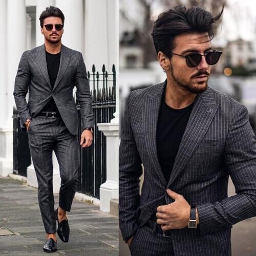 High Quality Men Tuxedos Groom Wedding Suits Stripe Slim Fit Two Button Peaked Lapel Mens Suit 2 Pieces Coat Pants (jacket+Pants