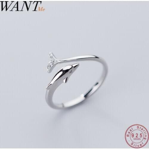WANTME Real 100% 925 Sterling Silver Fashion Cute Romantic Dolphin Rings for Women Pave CZ Party Anniversary Jewelry Accessories