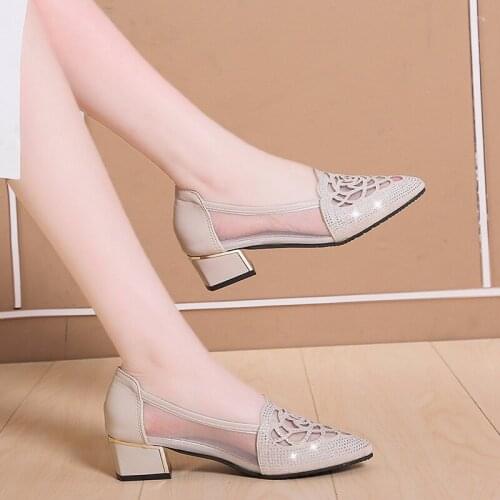 Plus Size 42 Women Pumps Mesh Boat Shoes Medium Heels Dress Shoes Woman Sandals Pointed Toe Hollow Out Pump zapatos mujer 8067G