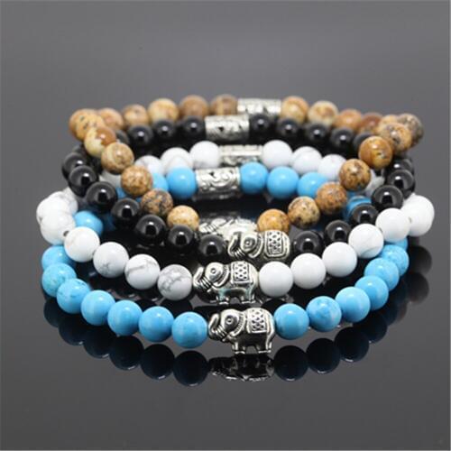 1pcs Beaded silver color elephant charm women bracelet natural 6mm howlite/stone round stone beads bracelet for girl