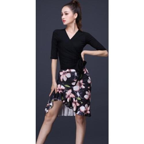 New Women Print Latin Dance Dress+Short Sleeve Tops Lady International Standard Ballroom Cha Cha Salsa Dancing Latina Dresses 85