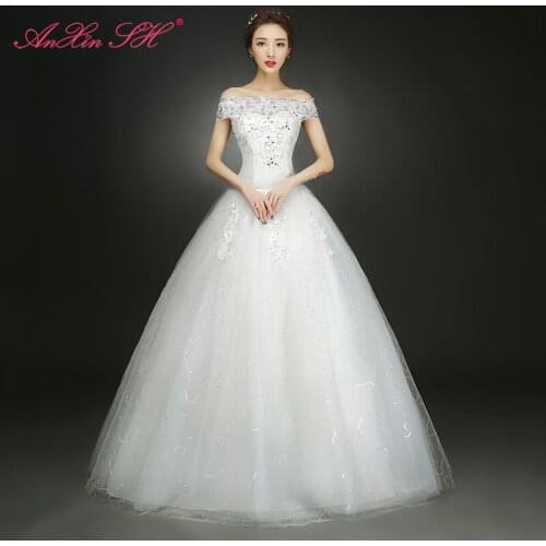 AnXin SH white flower lace beading wedding Dress luxury princess beading boat neck golden turkey red bride party wedding dress