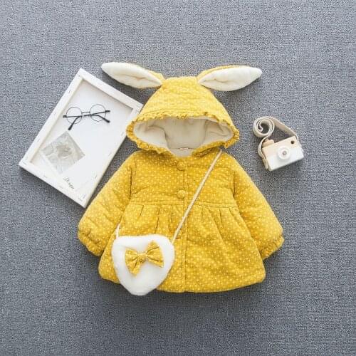 Winter Warm Baby Girls Coat Polka Dot Girls Cotton Coats with Bag Cartoon Rabbit Ear Hooded Toddler Girls Outerwear 6M-3T