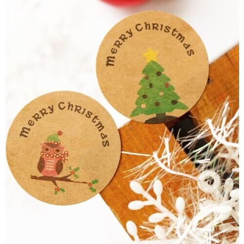 102pcs Round Kraft Sticker Cute Owl and Christmas Tree Xmas Bakers Gift Packing Sealing Label