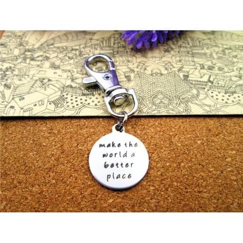 3pcs/lot high quality keychain with 20mm stainless steel circle round "make the world a better place " charms keychain