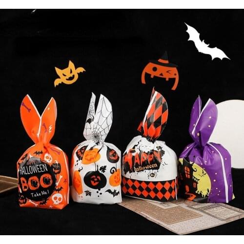 50pcs Halloween Candy Bags Plastic Trick or Treat Kids Gift Candy Cookie Biscuits Bag Boxes Halloween Party Decoration Supplies