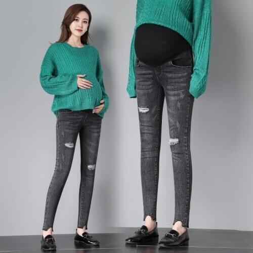 532# Maternity pants Spring Autumn Ninth Pants Maternity Jeans hole Pants Support Abdomen Elastic Waist Maternity Trousers
