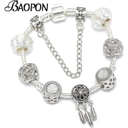 BAOPON Silver Color Dreamcatcher Pendat Charm Bracelets & Bangles With Feather Beads Bracelet for Women Wedding Vintage Jewelry