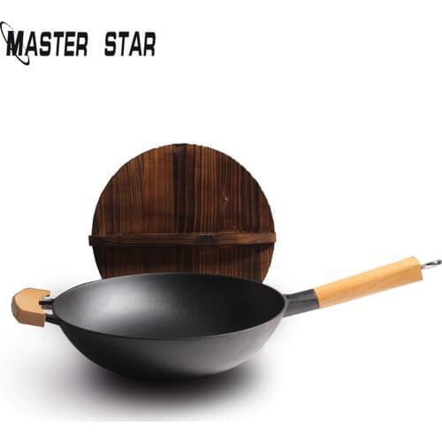 Master Star Cast Iron Wok Chinese Traditional Wok Non-coating With Wooden Cover Gas Cooker Best Wok