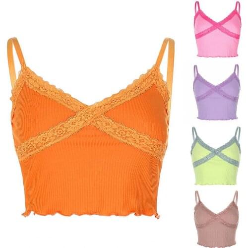 Women Sexy Sleeveless Lace Trim Spaghetti Straps Bustier Crop Top Camisole Vest