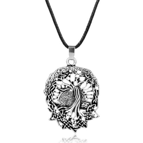 Dongsheng Vintage Tone Viking Amulet Tree Of Life Runes Pendant Necklace Leather Rope Chain Necklace Colar Jewelry