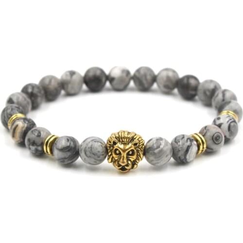 8mm uhj3 elastic adjusted Macrame Charm nature picture agate Onyx Lion head Charm Bracelet Fashion