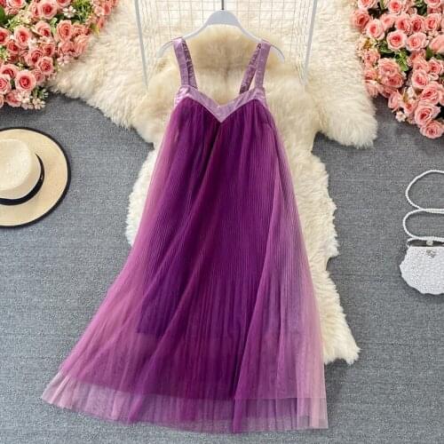 Elegant Womens Summer Purple Beach Dress 2021 Robe Loose Casual Gradient Color Net Yarn Pleated Strap Dress Female Vestidos