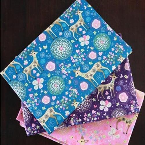 Pretty 24x24cm 3 Colors Christmas Flower Deer Printed Cotton Linen Fabric Bundle
