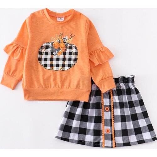 Girlymax Fall/Winter 2 Colors Baby Girls Cotton Ruffles Plaid Gingham Skirt Boutique Long Sleeve Truck Pumpkin Top Kids Clothing