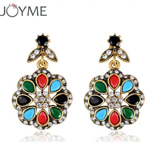 Joyme wholesale bohemian retro flower earrings colorful crystal pendant earrings for woman Factory Direct boucle d'oreille femme