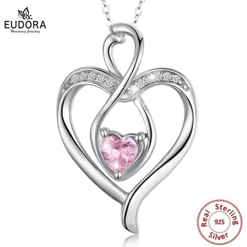 EUDORA Real 925 Sterling Silver Heart pink Crystal Pendant Necklace with Cubic Zircon Wedding fine Jewelry for women girl D556